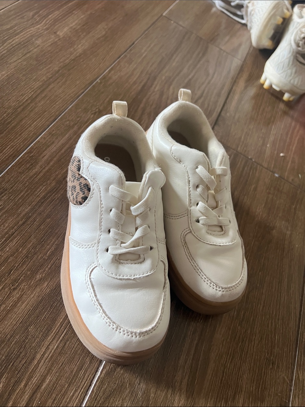 Old Navy Cream White Sneakers with Tan Gum Sole and Leopard Heart Accent